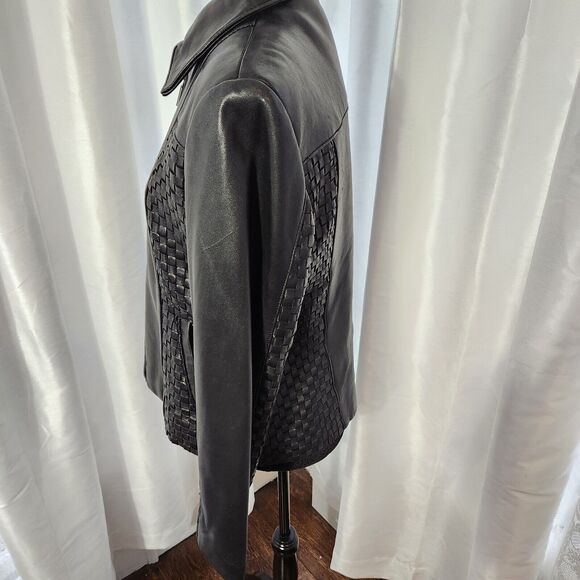 Kasper Vintage Womens Large Black 90s Genuine Leather Jacket Waffle Woven Moto - Picture 5 of 11